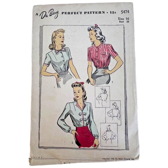 Du Barry Sewing Pattern 5474 Blouse Top Size 16 Bust 34" Bust Unprinted WWII OOP - Picture 2 of 7